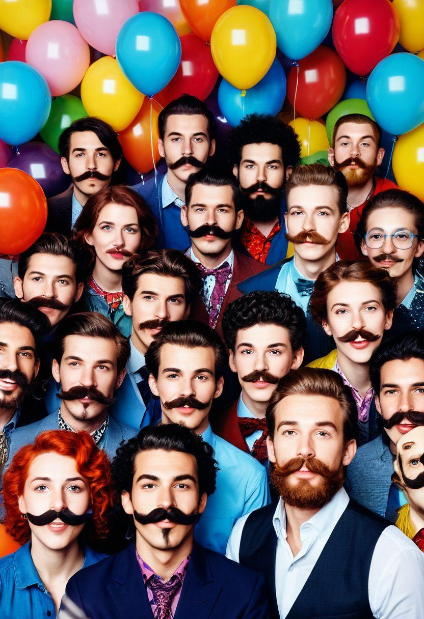 A whimsical scene showcasing various men and women sporting unique and playful facial hair styles such as intricate mustaches, colorful beards, and funky sideburns, all set against a festive background filled with balloons and confetti. Include diverse characters with exaggerated, joyful expressions, celebrating their individuality. Bright, cheerful colors enhance the fun atmosphere. cartoonish style. vibrant colors. playful and lively.