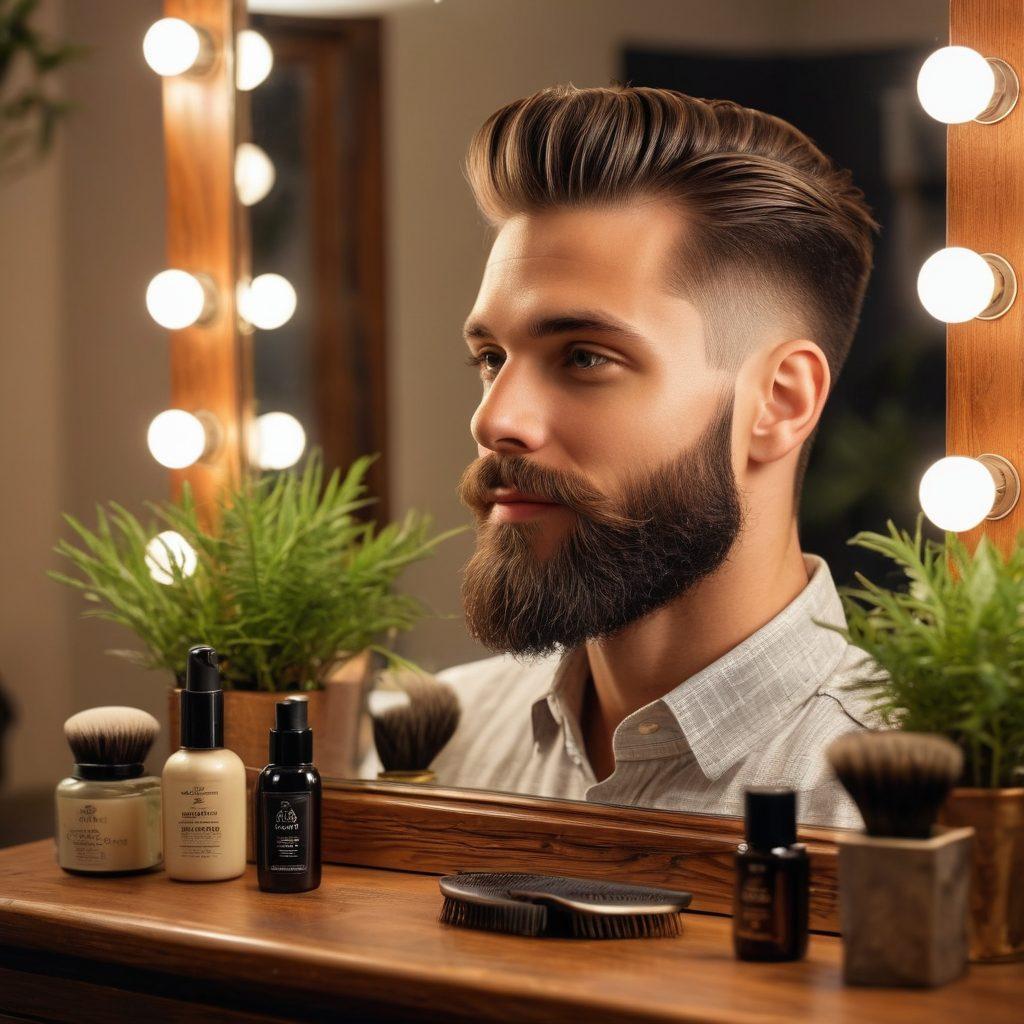 A close-up of a well-groomed beard, intricately styled with a luxurious comb and high-end grooming products surrounding it. Soft, warm lighting enhances the richness of the hair texture, featuring a smiling man admiring his reflection in a vintage mirror. The background shows a tasteful grooming station with natural elements like plants, creating a serene atmosphere. super-realistic. vibrant colors. warm lighting.