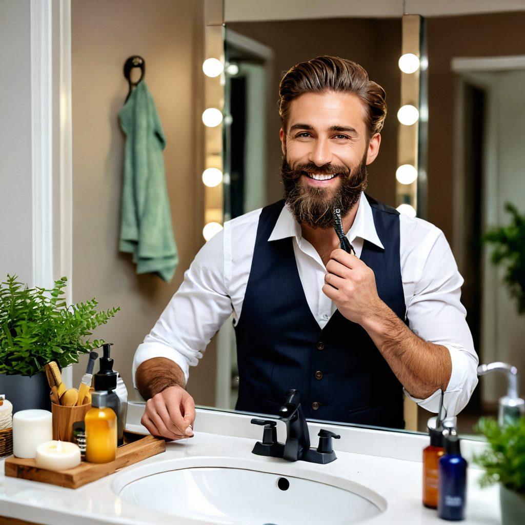 A confident man with a well-groomed beard, joyfully styling his facial hair in front of a mirror. Bright, warm lighting highlights his smile and the textures of his beard. Surround him with grooming tools like scissors, beard oil, and a comb, creating a playful yet stylish atmosphere. Include a vibrant backdrop of a modern bathroom with greenery to evoke freshness and happiness. super-realistic. vibrant colors. natural light.